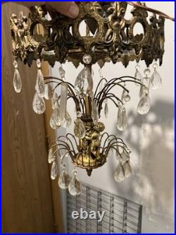 Hollywood Regency Vintage Hanging Cherubs Crystal Lamp Chandelier Light C Detai