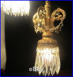 Hollywood Regency Vintage hanging Swag lamp chandelier spelter brass metal cryst