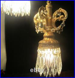 Hollywood Regency Vintage hanging Swag lamp chandelier spelter brass metal cryst