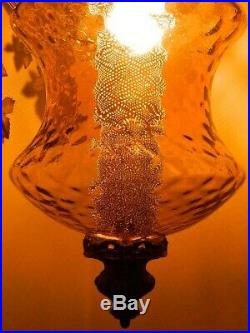 Huge Hanging Swag Lamp Amber Glass Optic Diffuser Retro Light Vintage 1970's