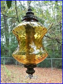 Huge Hanging Swag Lamp Amber Glass Optic Diffuser Retro Light Vintage 1970's
