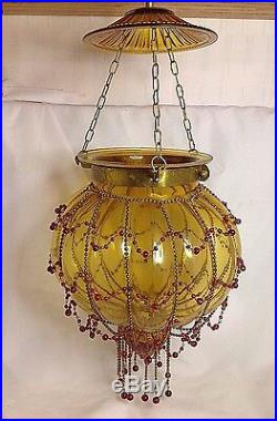Hundi Lantern Hanging Lamp Antique Brass Beaded Amber Pumpkin Glass Vintage