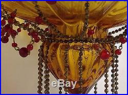 Hundi Lantern Hanging Lamp Antique Brass Beaded Amber Pumpkin Glass Vintage