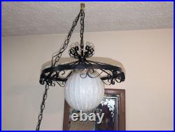 IRIDESCENT! 1970s Swag Lamp SPANISH REVIVAL Wrought Iron Glass VINTAGE Pendant