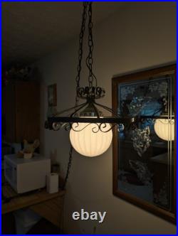 IRIDESCENT! 1970s Swag Lamp SPANISH REVIVAL Wrought Iron Glass VINTAGE Pendant