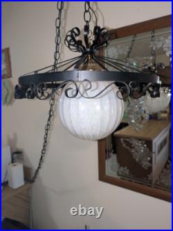 IRIDESCENT! 1970s Swag Lamp SPANISH REVIVAL Wrought Iron Glass VINTAGE Pendant