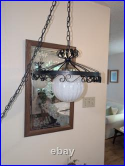 IRIDESCENT! 1970s Swag Lamp SPANISH REVIVAL Wrought Iron Glass VINTAGE Pendant