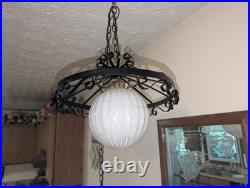 IRIDESCENT! 1970s Swag Lamp SPANISH REVIVAL Wrought Iron Glass VINTAGE Pendant