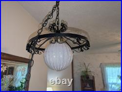 IRIDESCENT! 1970s Swag Lamp SPANISH REVIVAL Wrought Iron Glass VINTAGE Pendant