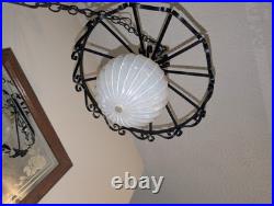 IRIDESCENT! 1970s Swag Lamp SPANISH REVIVAL Wrought Iron Glass VINTAGE Pendant