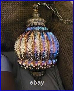 Iridescent CARNIVAL Glass Hanging Gray Light Swag Lamp Retro Vintage MCM