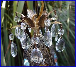 Jeweled SWAG Plugin lily hanging lamp chandelier Vintage brass AB topaz Spelter