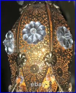 Jeweled Tulip lily filigree Swag lamp Vintage Silver glass Flower brass fixture