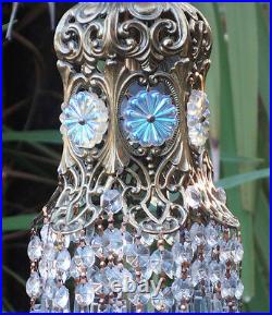 Jeweled Tulip lily filigree hanging lamp chandelier Vintage spelter brass AB
