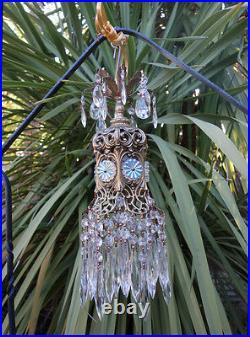 Jeweled Tulip lily filigree hanging lamp chandelier Vintage spelter brass AB