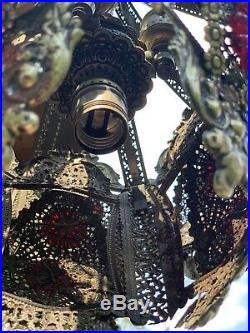 Jeweled filigree Hollywood Regency hanging SWAG lamp chandelier Vintage