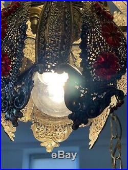Jeweled filigree Hollywood Regency hanging SWAG lamp chandelier Vintage