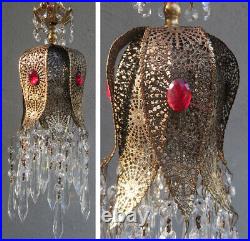 Jeweled lily filigree Hollywood SWAG lamp chandelier Vintage brass Ruby glass