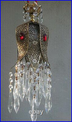 Jeweled lily filigree Hollywood SWAG lamp chandelier Vintage brass Ruby glass