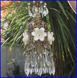 Jeweled lily filigree Opaline glass Flower SWAG lamp chandelier Vintage brass