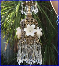 Jeweled lily filigree Opaline glass Flower SWAG lamp chandelier Vintage brass