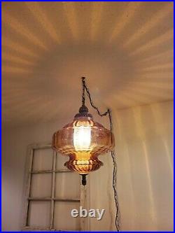 LARGE Amber Glass Swag Hanging Light Mid Century Root Beer Lamp Vintage REWIRED