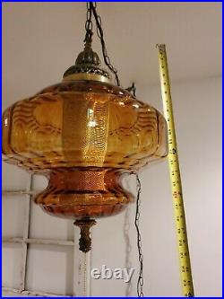 LARGE Amber Glass Swag Hanging Light Mid Century Root Beer Lamp Vintage REWIRED