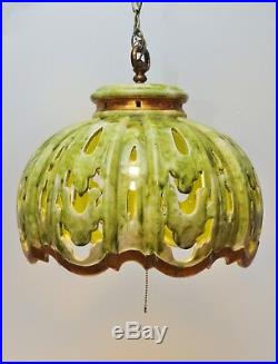 LARGE Mid Century Ceramic Cutout Swag Lamp-Green & Gold Vtg Hanging Lamp Shade