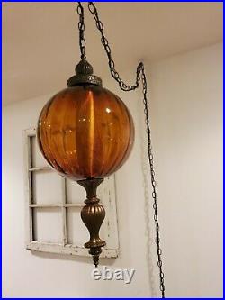 LARGE Vintage Amber Swag Hanging Globe Light Ribbed Glass Plug In Lamp REWIRED
