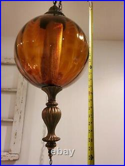 LARGE Vintage Amber Swag Hanging Globe Light Ribbed Glass Plug In Lamp REWIRED