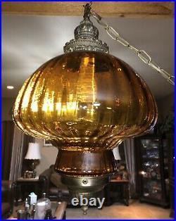 LARGE Vintage MCM Acorn Hanging Swag Light Lamp Amber Iridescent Rootbeer Glass