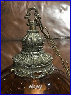 LARGE Vintage MCM Acorn Hanging Swag Light Lamp Amber Iridescent Rootbeer Glass