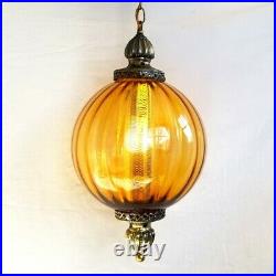 LARGE Vintage MCM Ribbed Globe Hanging Swag Light Lamp Amber Rootbeer Glass