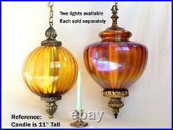 LARGE Vintage MCM Ribbed Globe Hanging Swag Light Lamp Amber Rootbeer Glass