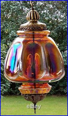 LARGE Vintage Mid Century Amber Carnival Glass Hanging Swag Lamp with 3 LIGHT