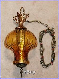 LARGE Vintage Mid Century Mushroom Amber Blown Optic Glass Hanging Swag Lamp