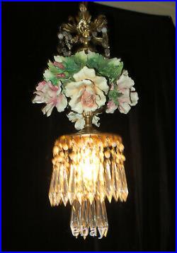LG Porcelain ROSE beaded Chandelier SWAG lamp Capodimonte Vintage crystal Brass