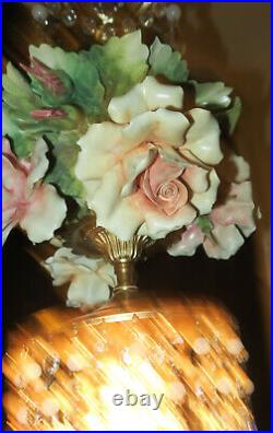 LG Porcelain ROSE beaded Chandelier SWAG lamp Capodimonte Vintage crystal Brass