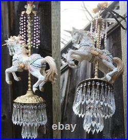 LG Porcelain UNICORN Magical Carousel Horse swag Lamp brass Chandelier Vintage