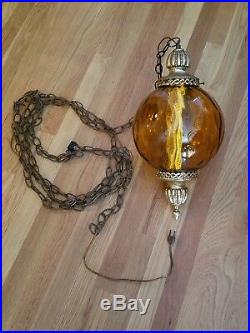 LG Vintage Mid Century AMBER Optic Art Glass Ball Shade Hanging Swag Lamp