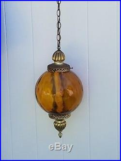 LG Vintage Mid Century AMBER Optic Art Glass Ball Shade Hanging Swag Lamp