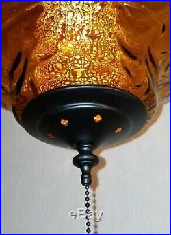 LG Vintage Mid Century Gothic Amber Blown Optic Draped Glass Hanging Swag Lamp