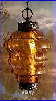 LG Vintage Mid Century Gothic Amber Blown Optic Swirl Glass Hanging Swag Lamp
