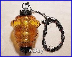 LG Vintage Mid Century Gothic Amber Blown Optic Swirl Glass Hanging Swag Lamp
