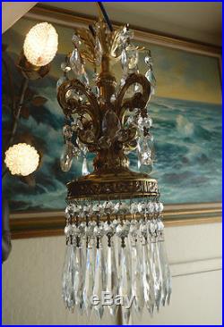 LOT of 2 Vintage baroque hanging Spelter brass plate Lamp Crystal Chandelier