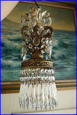LOT of 2 Vintage baroque hanging Spelter brass plate Lamp Crystal Chandelier