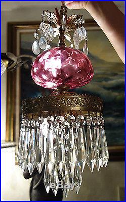 Lamp Chandelier Hanging Glass SWAG CAKE Fenton Cranberry brass tole vintage1of3
