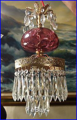 Lamp Chandelier Hanging Glass SWAG CAKE Fenton Cranberry brass tole vintage1of3