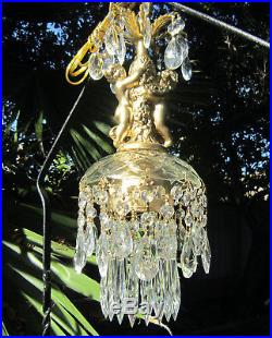 Lamp Chandelier SWAG Vintage Glass crystal spelter Cherub hanging brass plateed