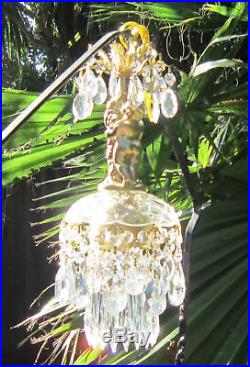 Lamp Chandelier SWAG Vintage Glass crystal spelter Cherub hanging brass plateed